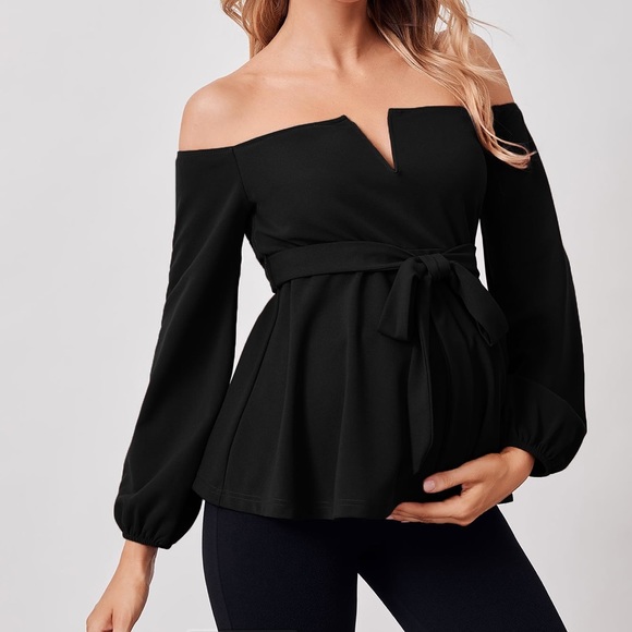 MATERNITY Red Burgundy off shoulder belted blouse - Picture 9 of 10